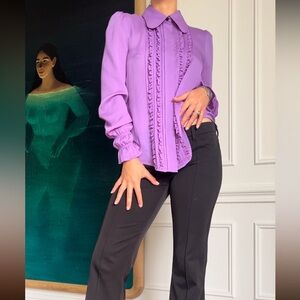 Victoria Beckham purple tuxedo ruffle semi sheer shirt US4 UK8 w/ ruched details